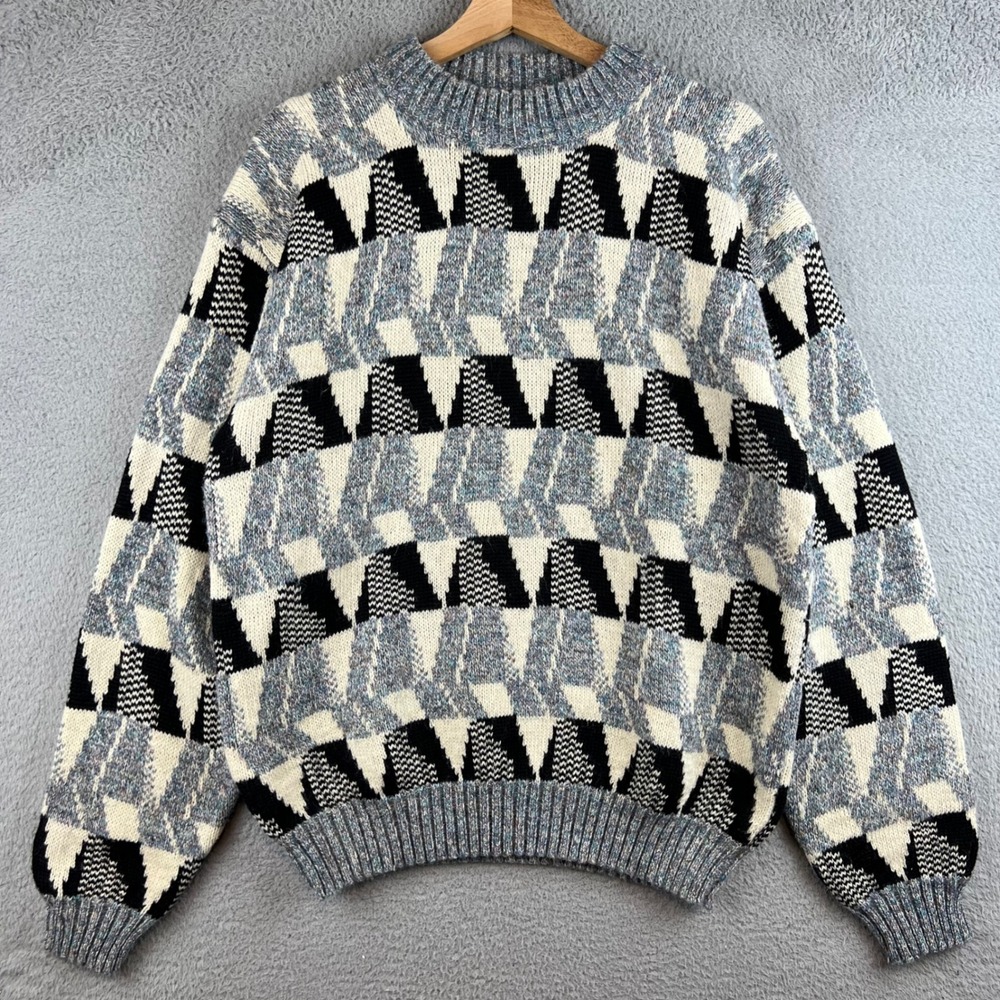 Vintage Concrete Mix Geometric Abstract Sweater Mens Medium Blue Black White 90s
